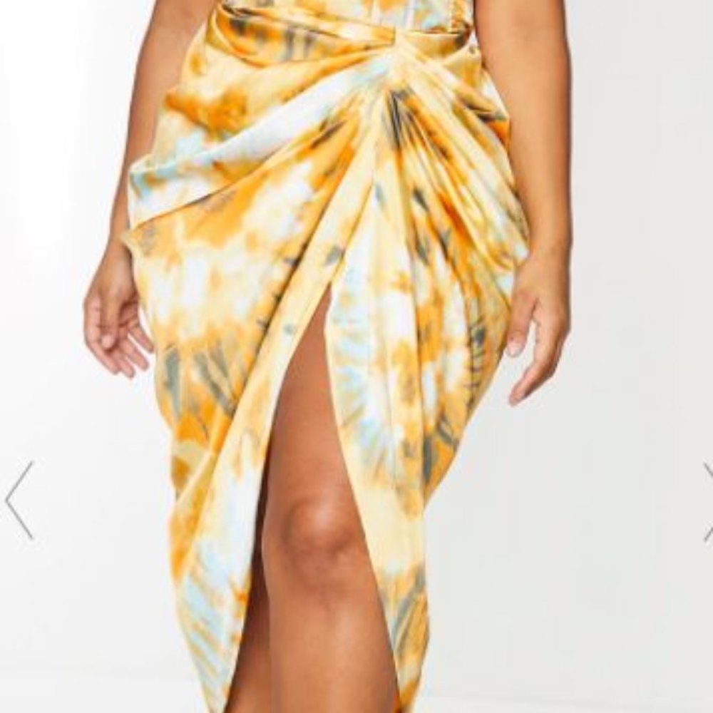 PLT Plus Orange Tie Dye Ruched Side Midi Skirt